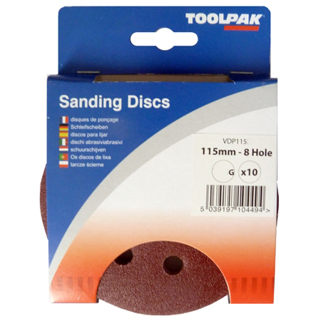 Sanding Disc 115mm 80 Grit 8 Hole Pack of 10 Toolpak 